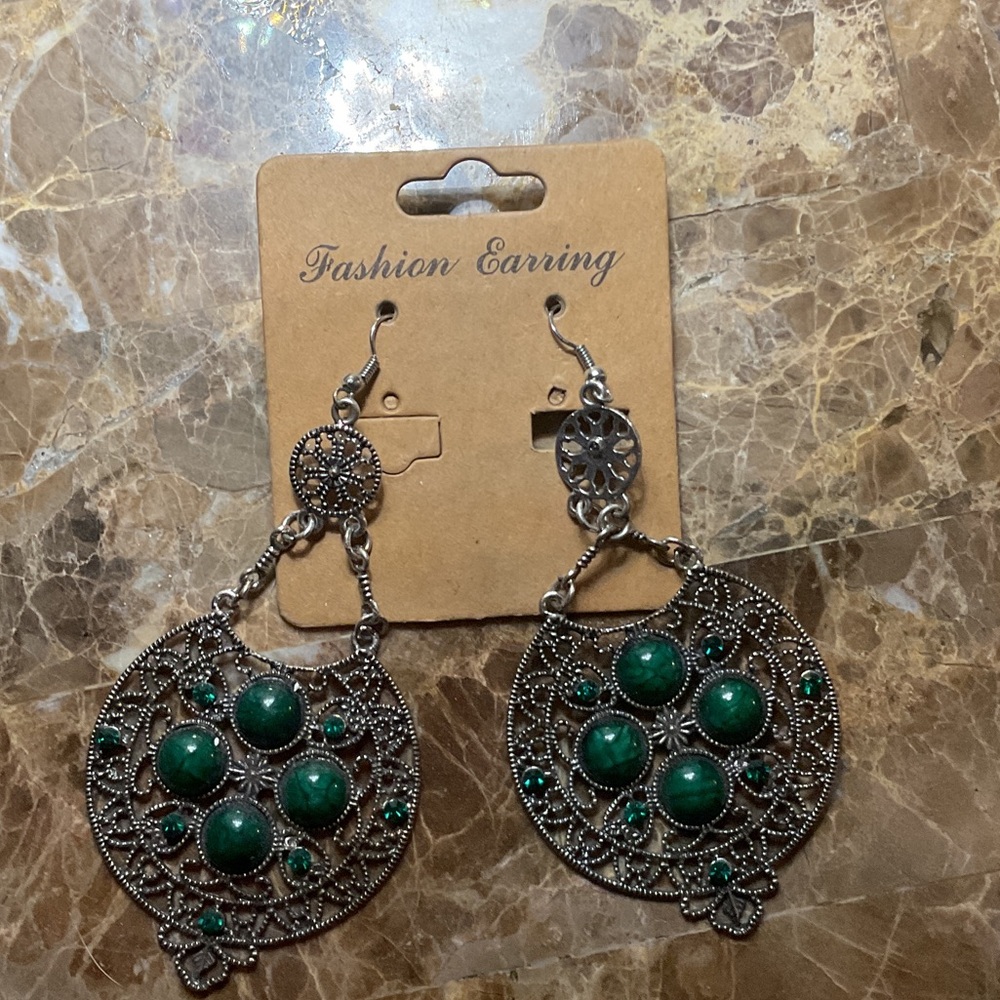 Vintage-Inspired Silver and Green Dangle Earrings